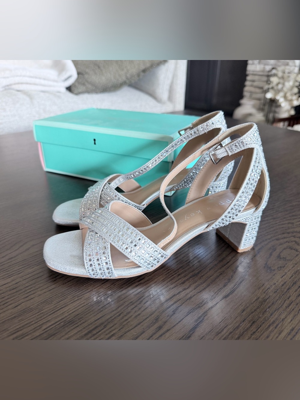 Copper Key Silver Embellished Block Heel Sandals - Women's Size 5
